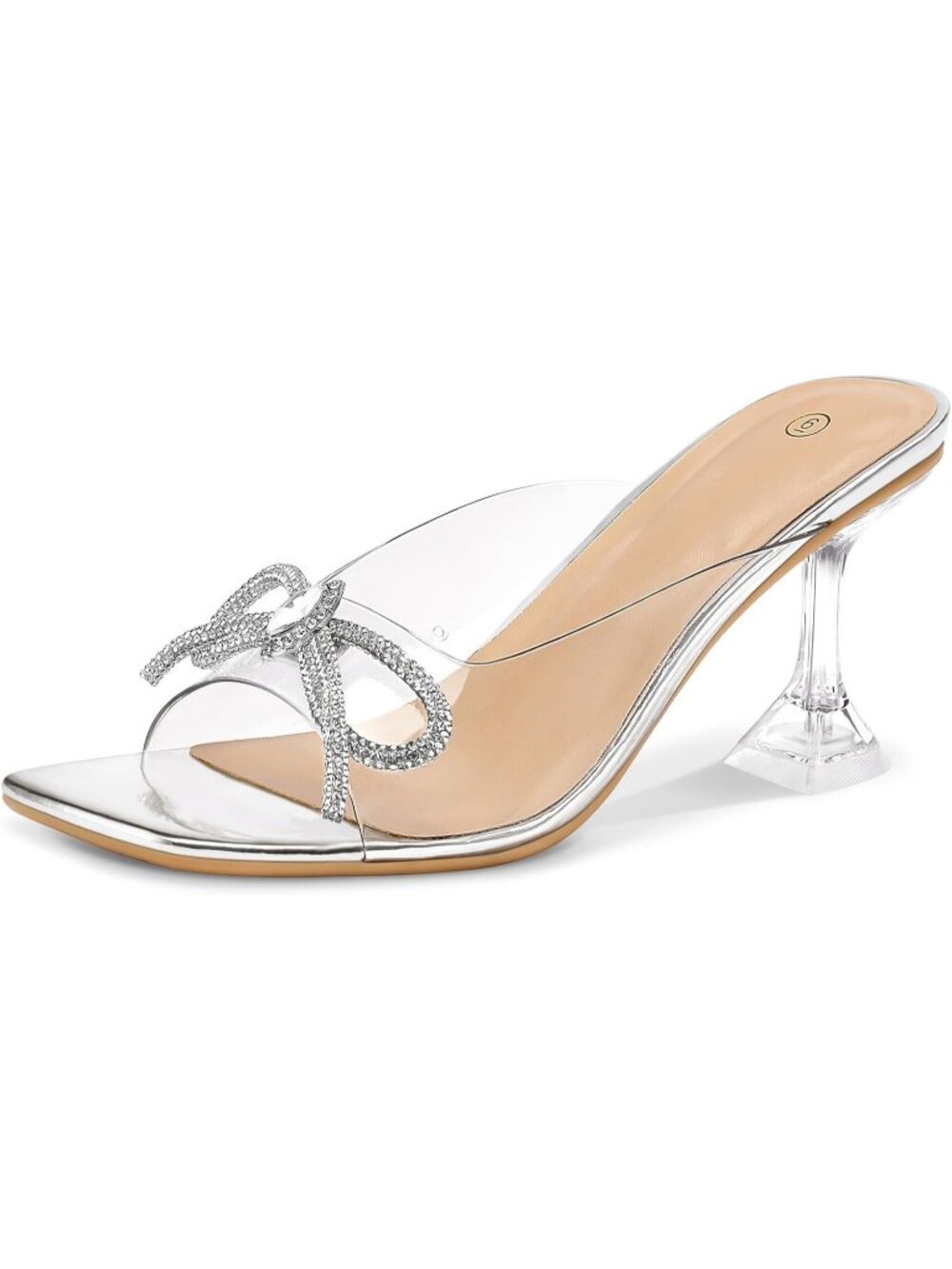 Women's Rhinestones Bowknot Square Open Toe Transparent Stiletto Heeled Sandals